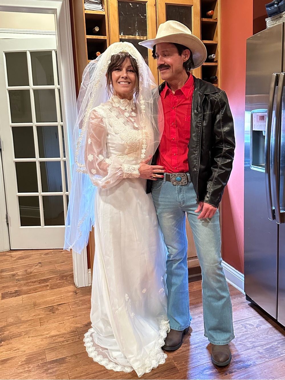 Vintage 60’s - 70’s Ivory Lace Long-Sleeve Bridal Gown with Veil